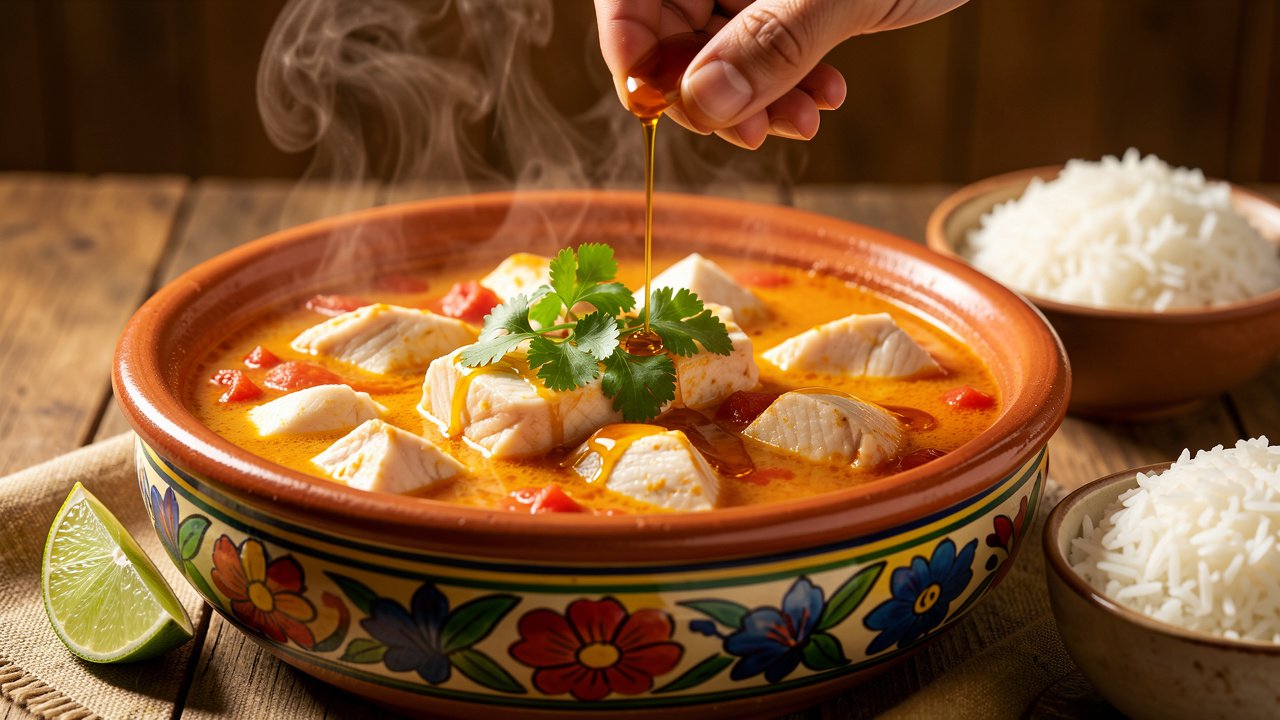Finished moqueca garnished with cilantro and dende oil, served with rice and lime