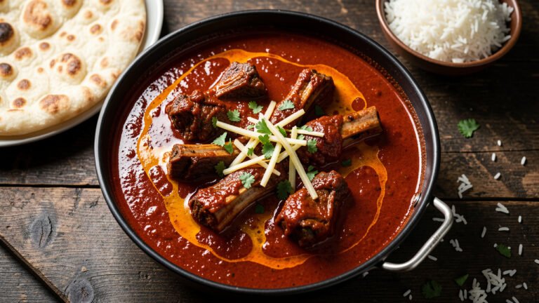 A pot of muscat gosht, bone-in lamb in a thick spicy tomato gravy topped with ginger and cilantro