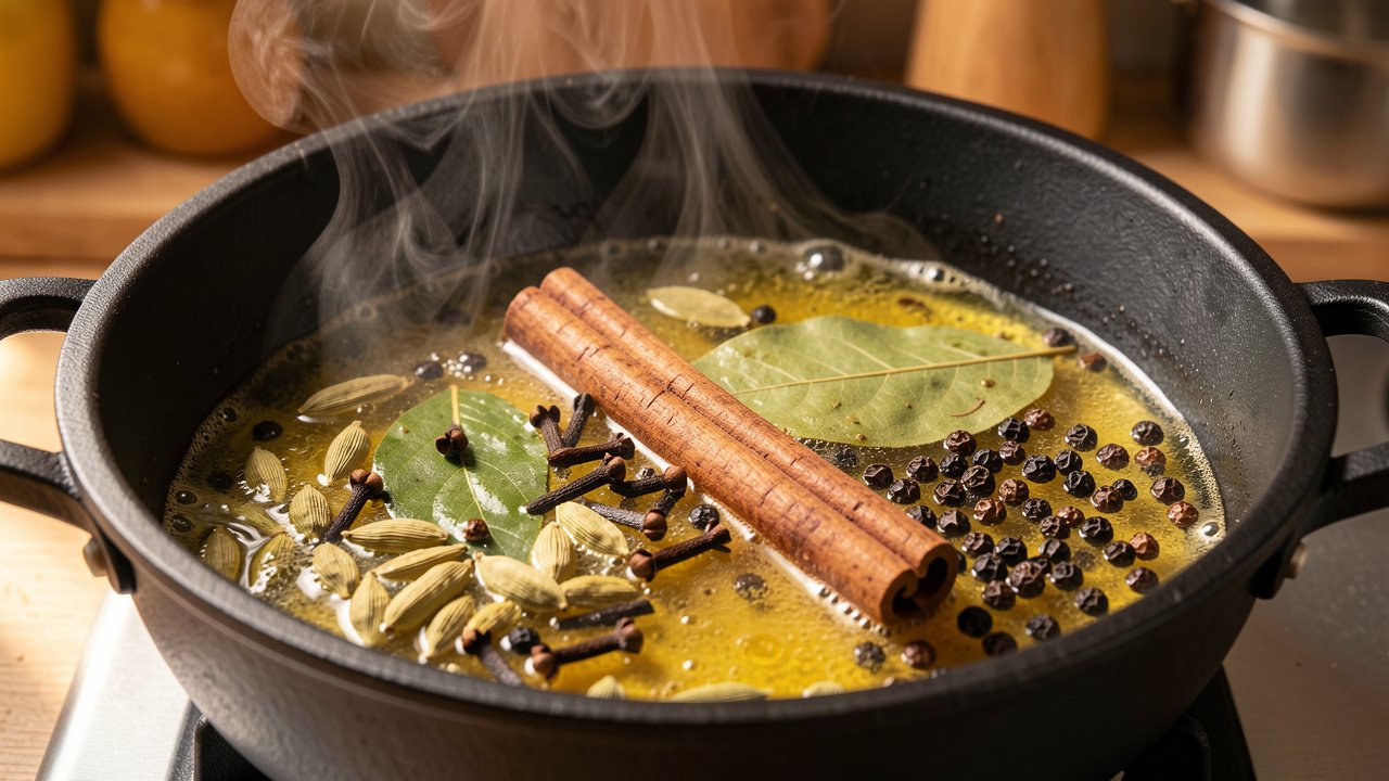 Whole cinnamon, cardamom, cloves and peppercorns blooming in hot ghee
