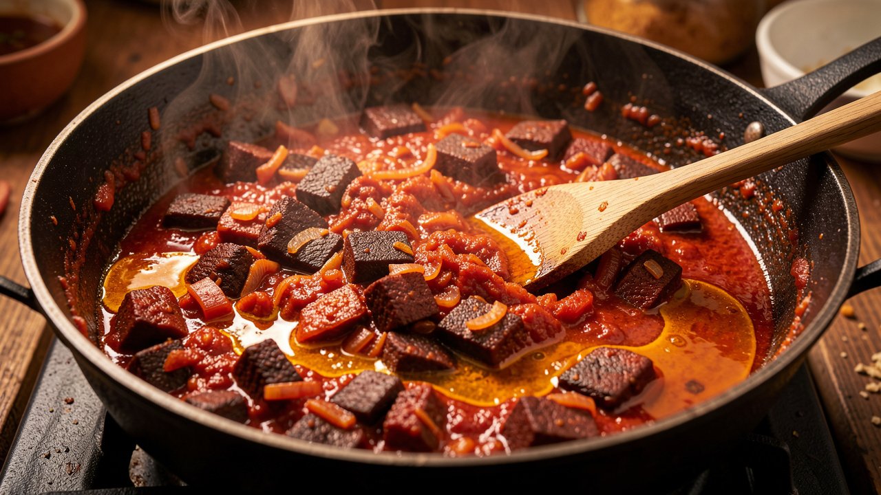 Bhuna masala fried until the oil separates and pools at the edges of the pot