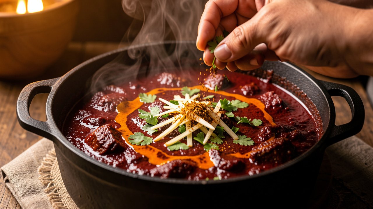 Finished muscat gosht being finished with garam masala, ginger and cilantro