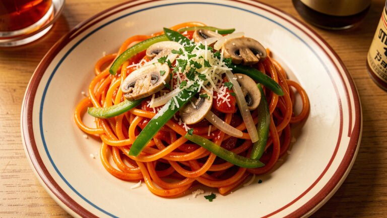 A plate of glossy ketchup napolitan spaghetti with green pepper, onion, and mushroom, topped with parmesan and parsley