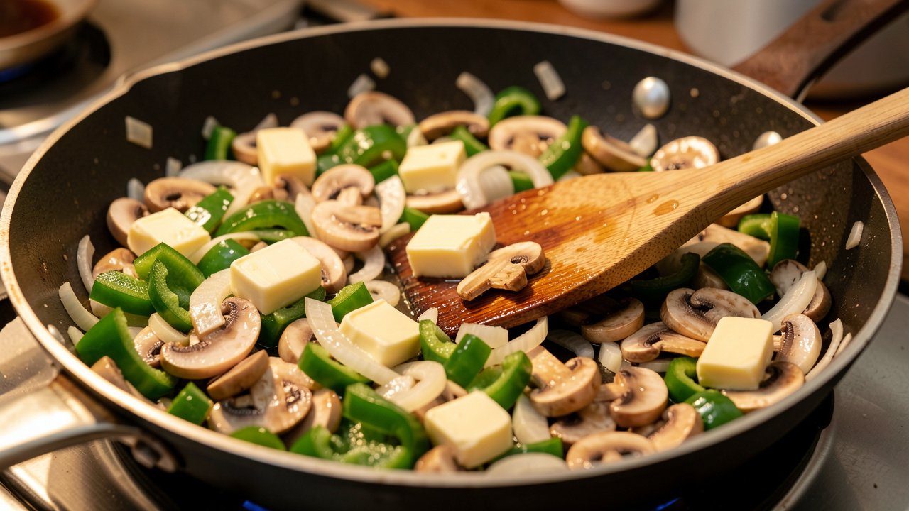Onion, green pepper, and mushrooms sauteing in a skillet