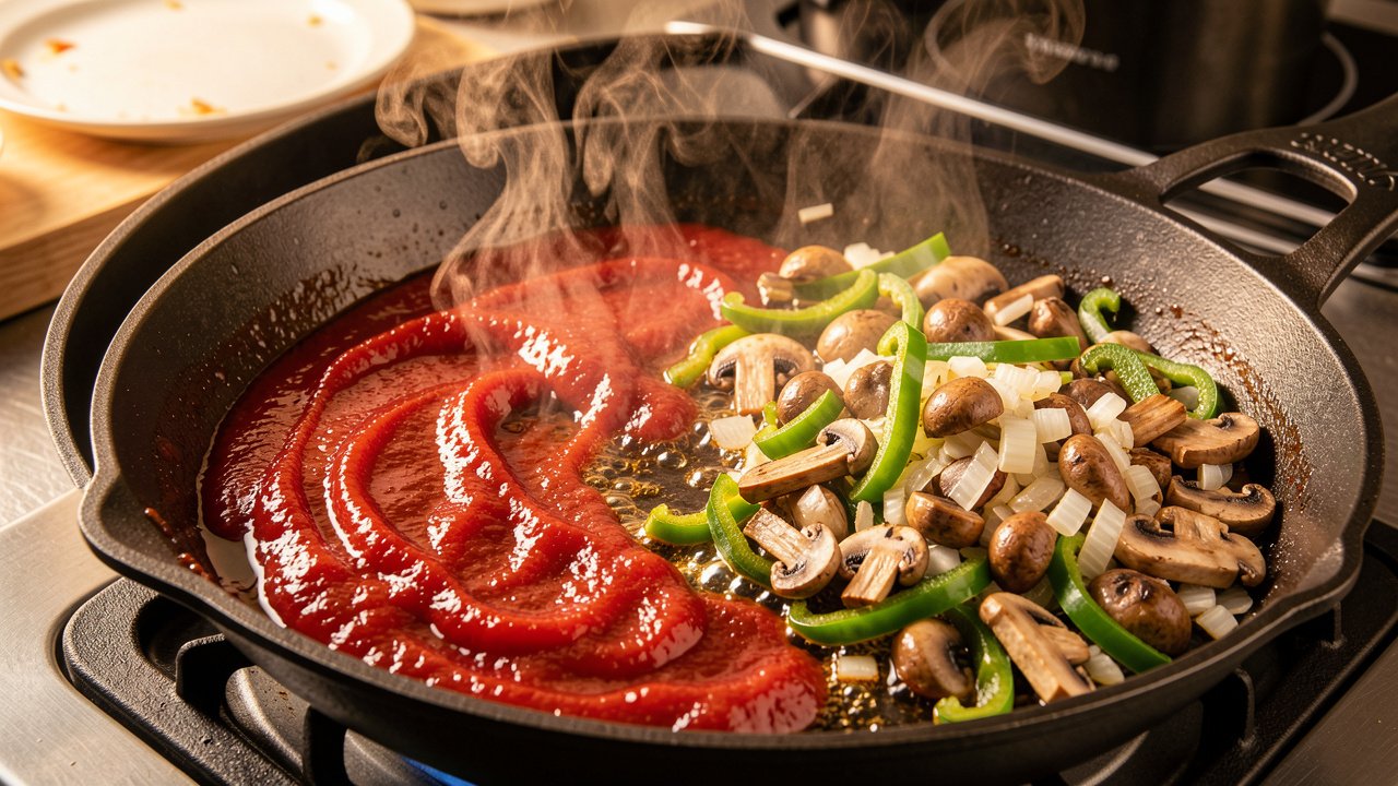 Ketchup frying and caramelizing in a skillet next to the vegetables