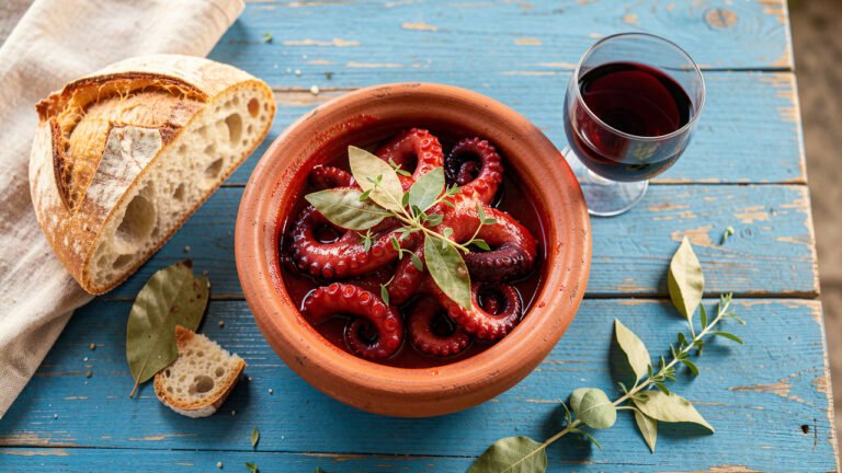 A clay pot of Greek octapodi kokkinisto with tender octopus in dark red wine tomato sauce, served with crusty bread