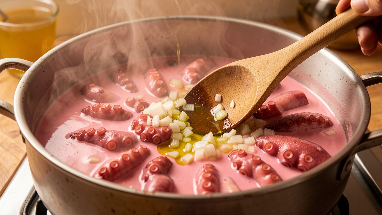 Octopus releasing its own liquid in a pot with softening onion and olive oil