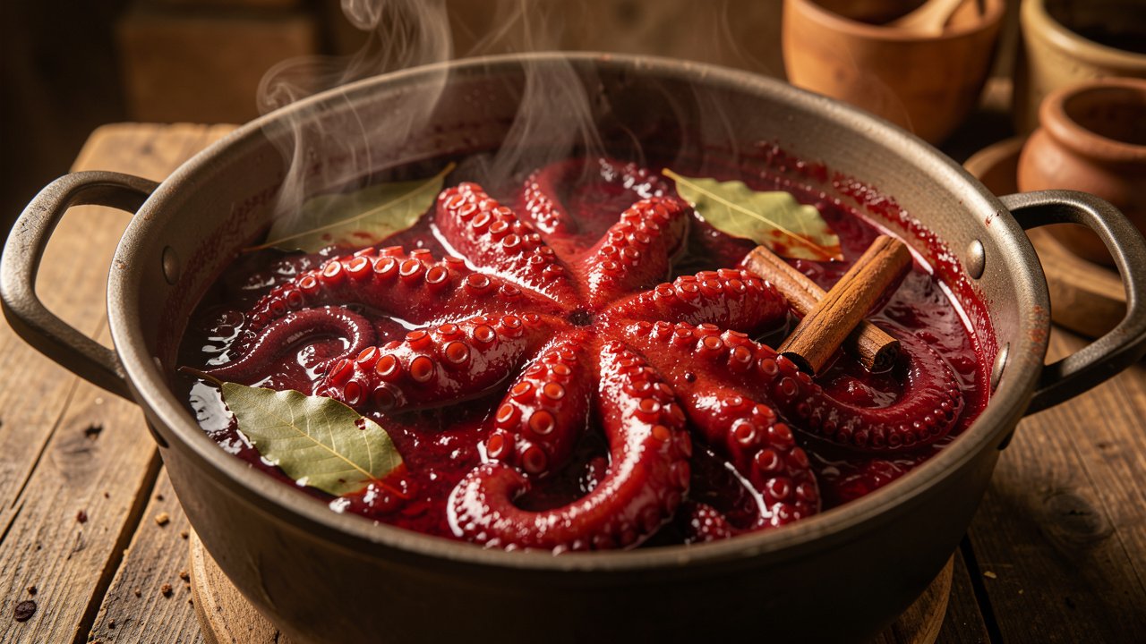 Octopus simmering in a dark tomato sauce with bay leaves and cinnamon