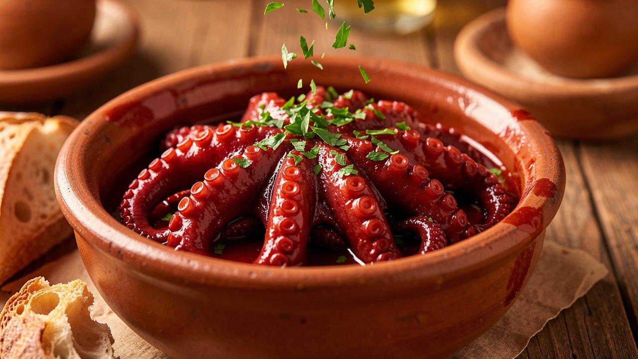 Finished octapodi kokkinisto with tender octopus in thick red sauce, garnished with parsley