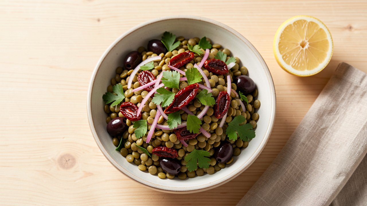 Olive and dried tomato lentil salad in a shallow bowl with kalamata olives, sun-dried tomatoes, and parsley