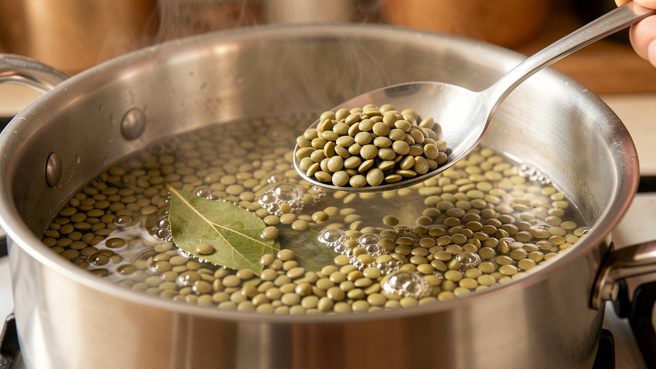 French green lentils simmering gently in a saucepan with a bay leaf