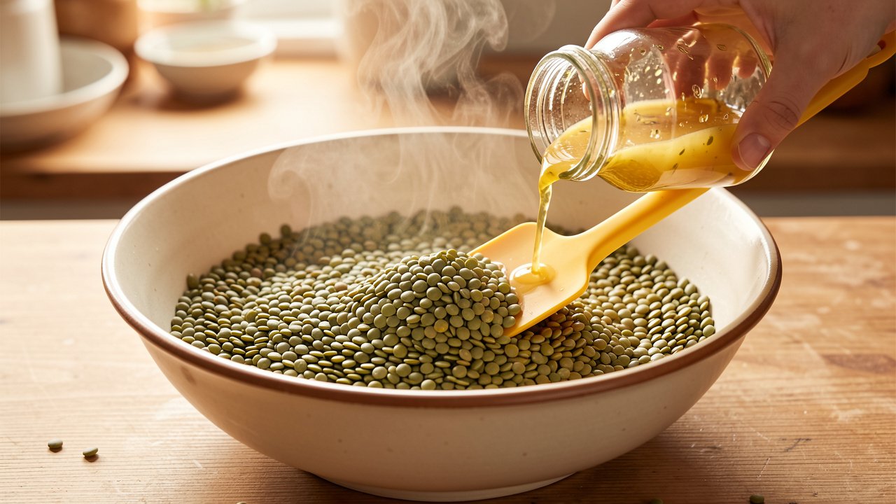 Warm drained lentils in a bowl with lemon-Dijon vinaigrette being poured over them