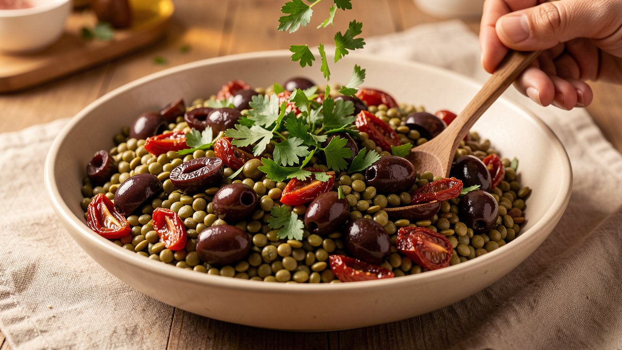 Finished olive and dried tomato lentil salad being finished with chopped parsley
