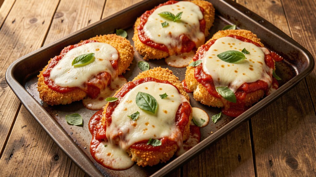 Oven-roasted tomato chicken parmesan cutlets with melted mozzarella in the center and crisp breaded edges