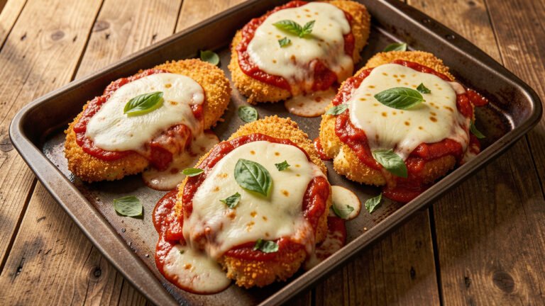 Oven-roasted tomato chicken parmesan cutlets with melted mozzarella in the center and crisp breaded edges