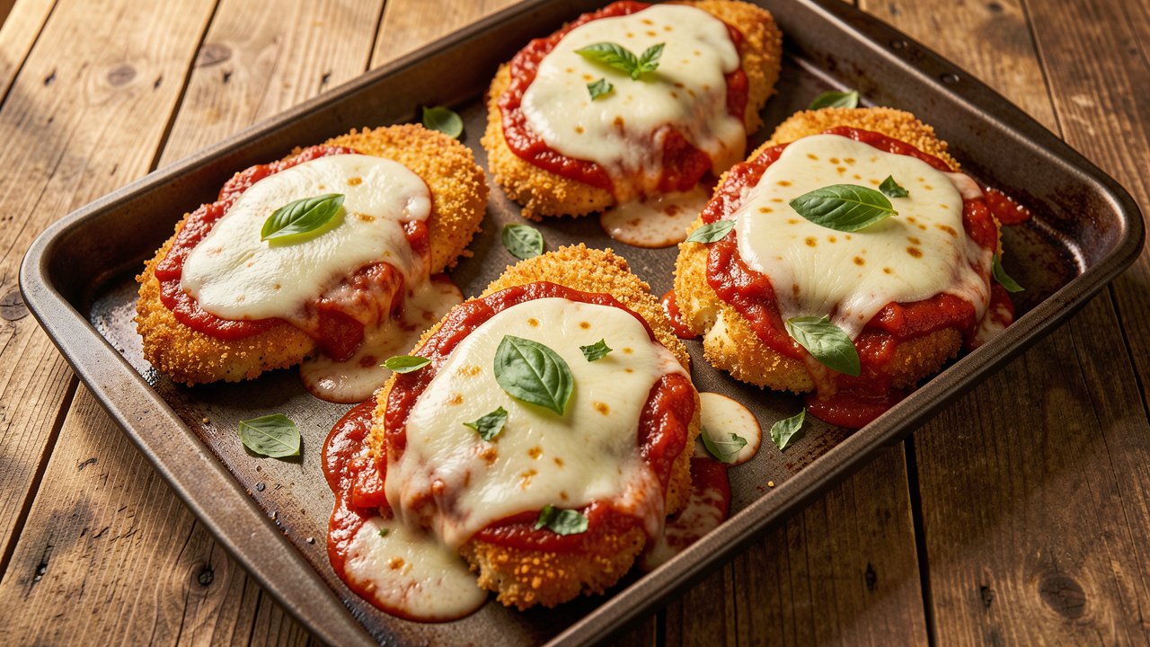 Oven-roasted tomato chicken parmesan cutlets with melted mozzarella in the center and crisp breaded edges