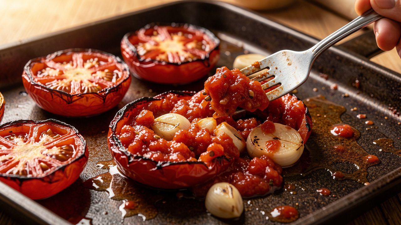 Roasted tomatoes with blistered skins being crushed into a thick chunky sauce on a sheet pan