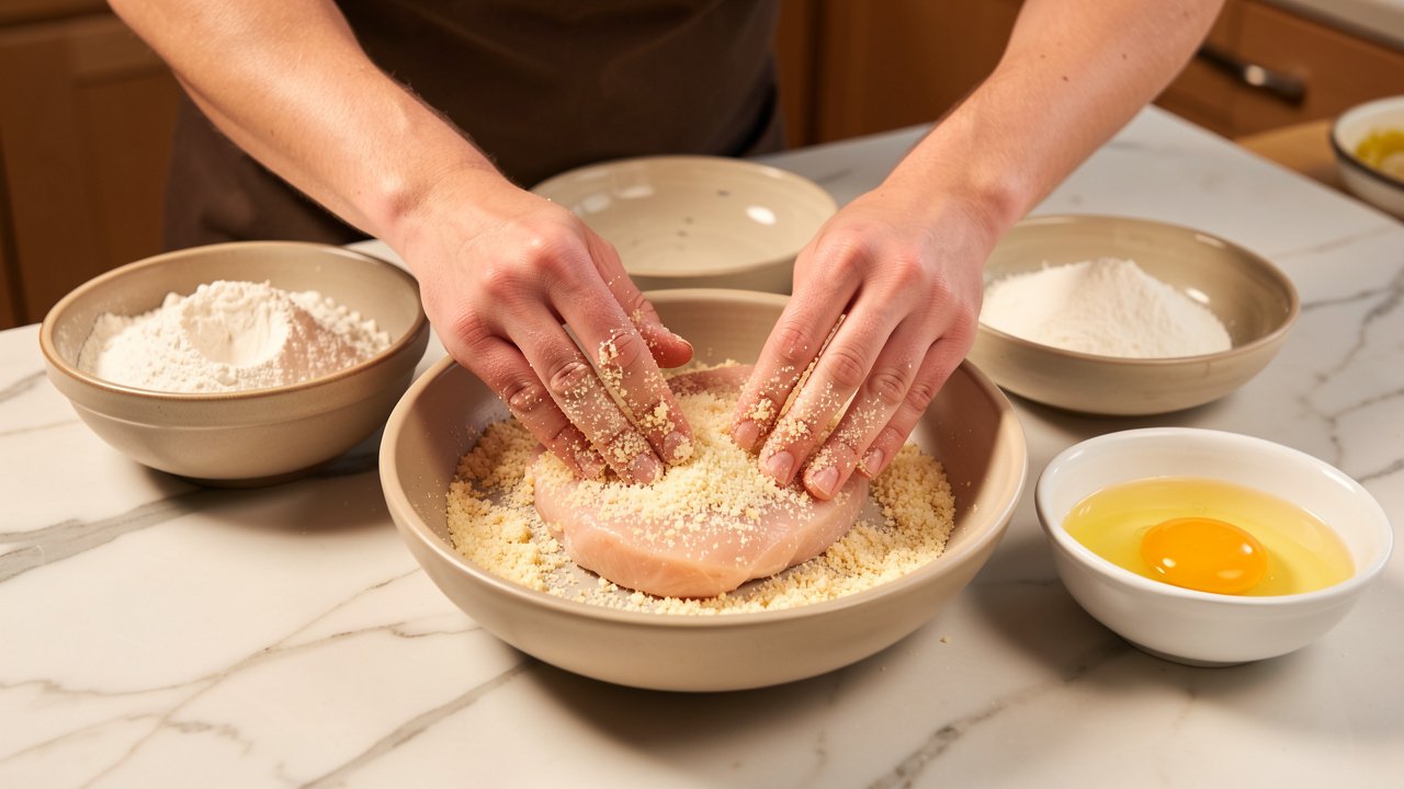 Hands pressing panko and Parmesan breadcrumbs onto a pounded chicken cutlet at a breading station