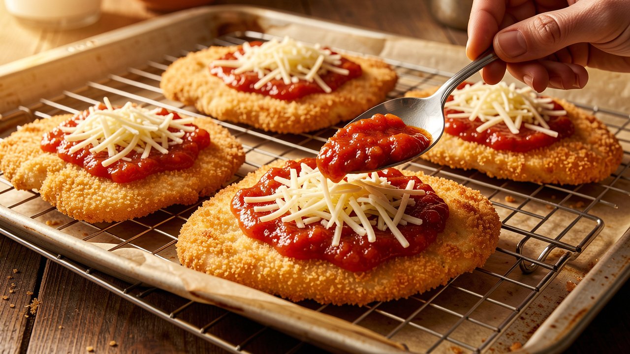 Roasted tomato sauce and mozzarella spooned only onto the centers of breaded cutlets on a wire rack