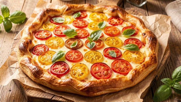 A golden oven-roasted tomato tart on puff pastry topped with roasted tomatoes and fresh basil