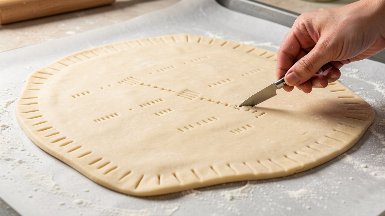 Puff pastry scored with a border and pricked with a fork on parchment