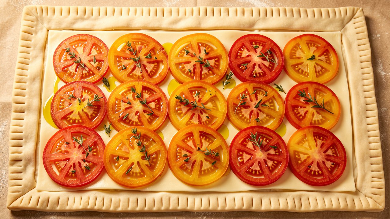 Tomato slices arranged over a cheese layer on unbaked puff pastry, drizzled with oil