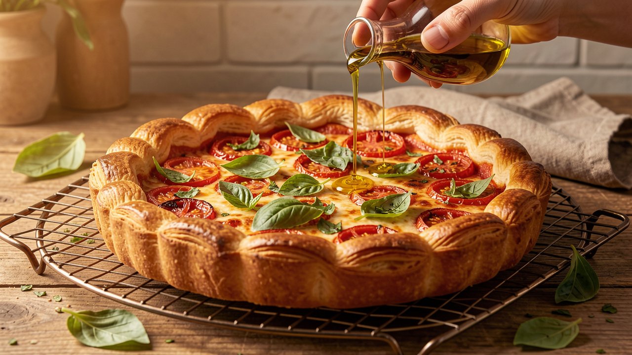 Finished tomato tart on a cooling rack being finished with fresh basil and olive oil