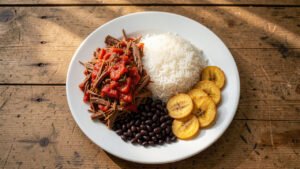 A plate of pabellon criollo with tomato-braised shredded beef, white rice, black beans, and fried plantains