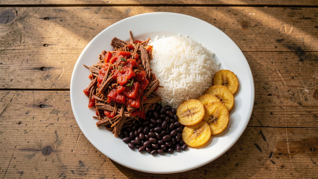 A plate of pabellon criollo with tomato-braised shredded beef, white rice, black beans, and fried plantains