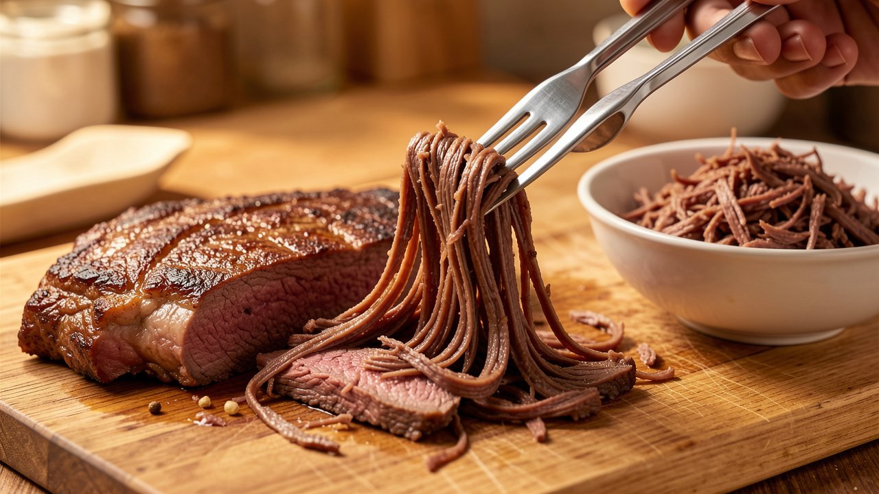 Braised halal beef being pulled into fine threads with two forks