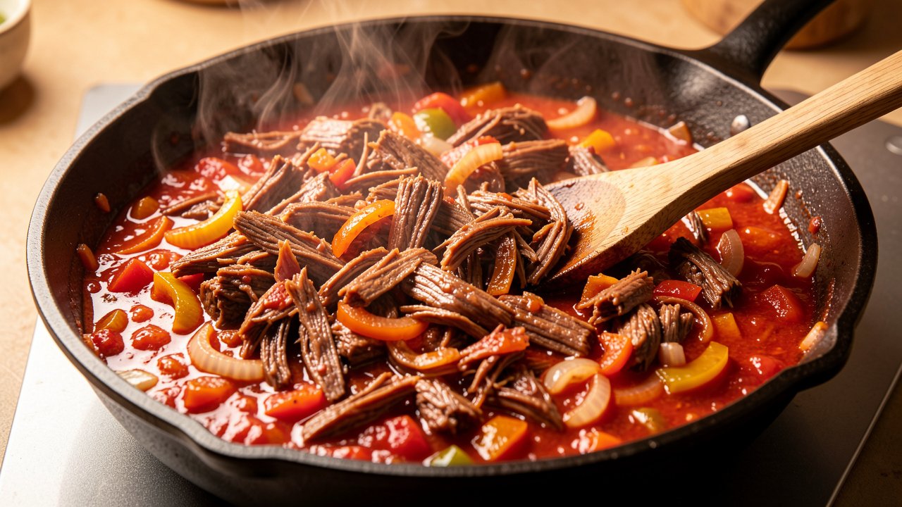Shredded beef simmering in a red tomato sofrito in a skillet