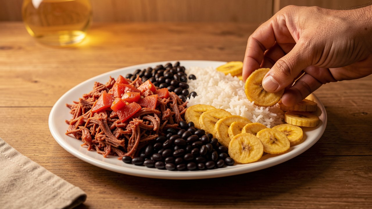 A plate of pabellon criollo being assembled with shredded beef, rice, beans, and plantains
