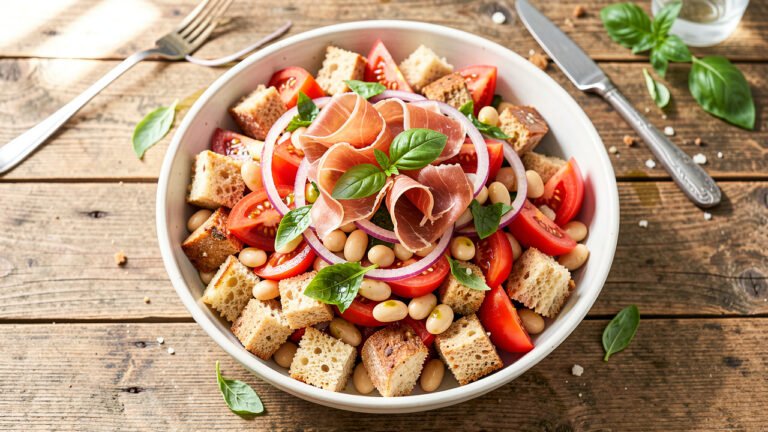 Panzanella with white beans and prosciutto in a shallow bowl with tomatoes and torn basil