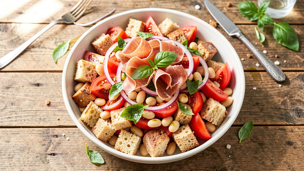 Panzanella with white beans and prosciutto in a shallow bowl with tomatoes and torn basil