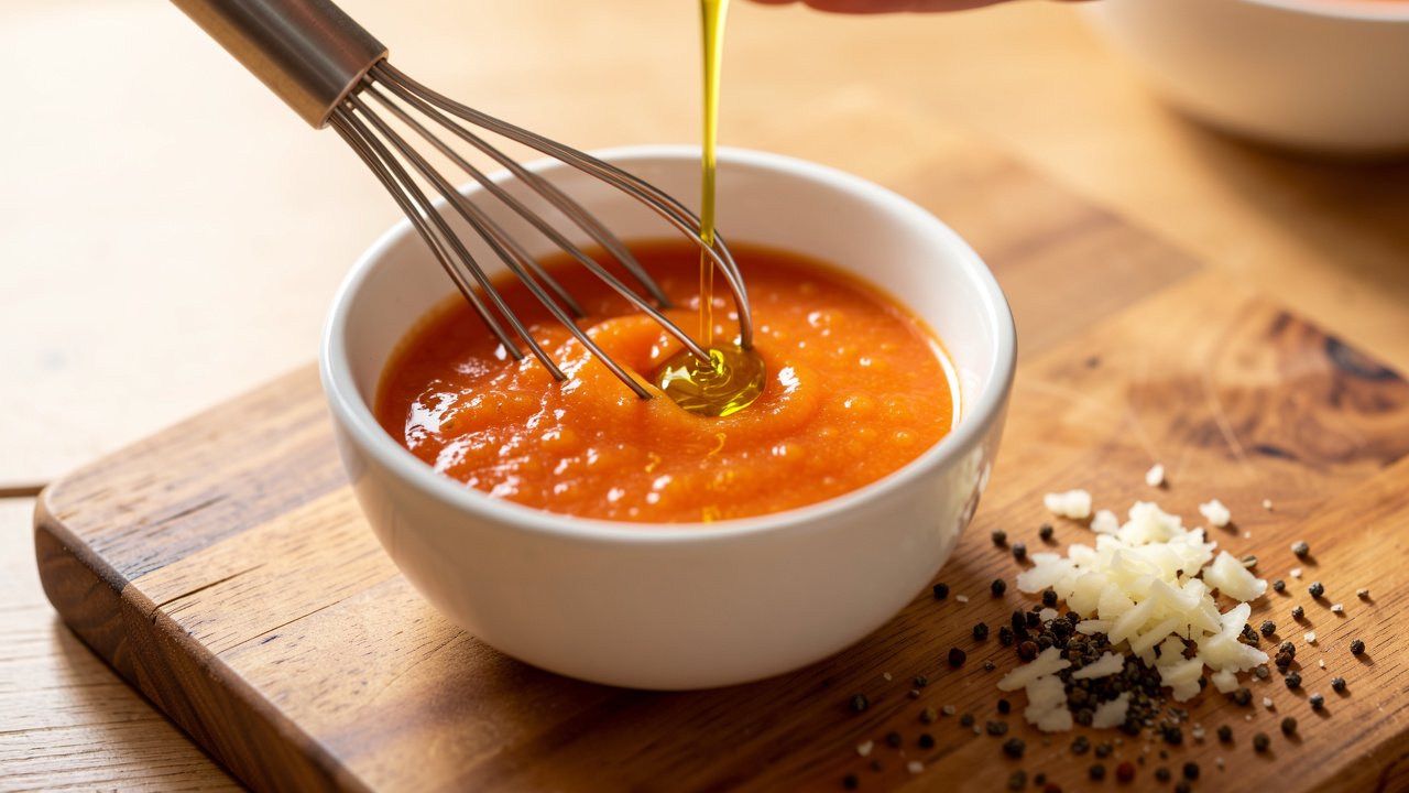 Tomato juice whisked with olive oil and vinegar into a cloudy dressing