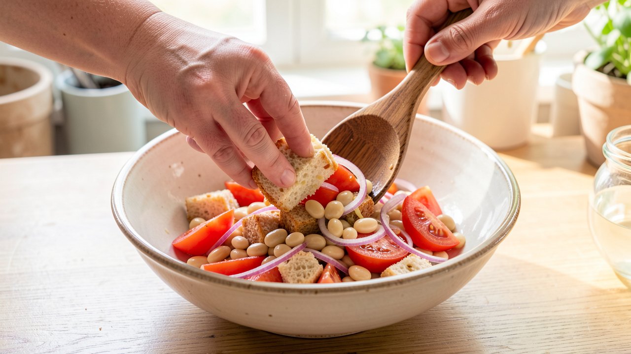 Soaked bread, tomatoes, cannellini beans and red onion folded together in a bowl