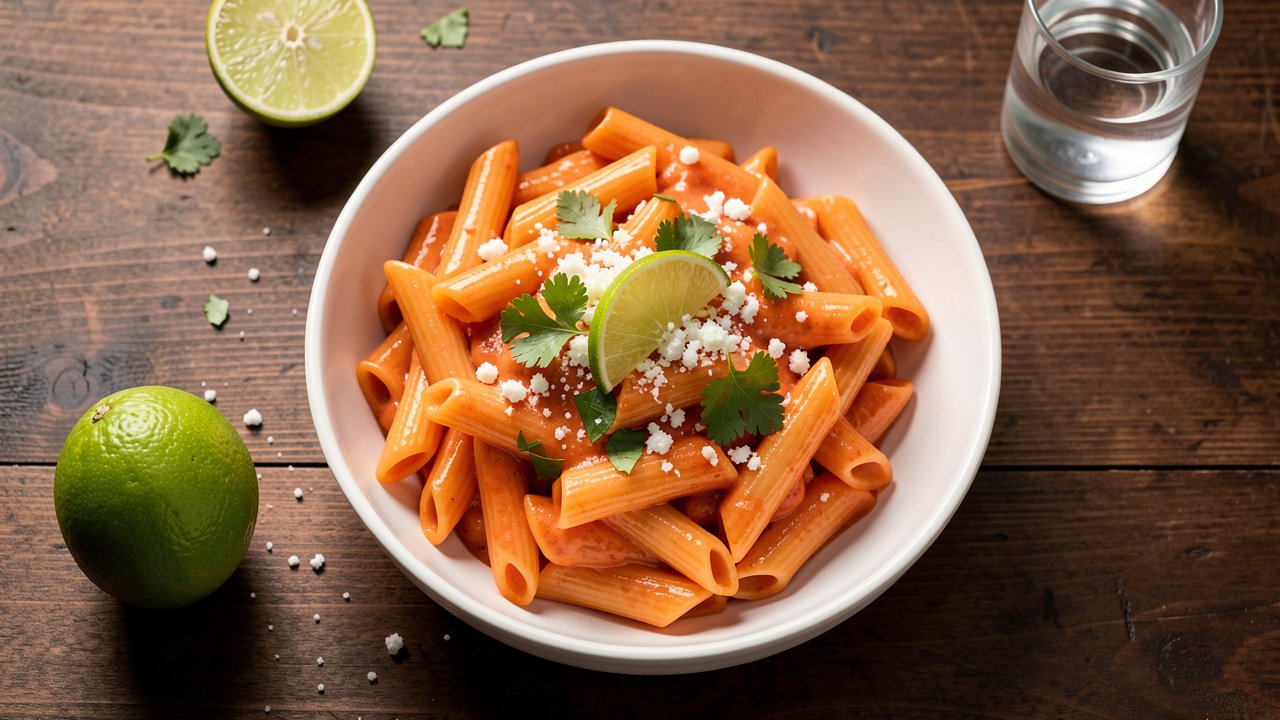 A bowl of penne in creamy tequila tomato lime sauce topped with cilantro, cotija, and lime wedges
