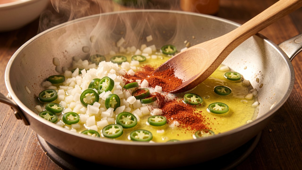 Shallots and jalapeno softening in butter and olive oil with garlic and smoked paprika