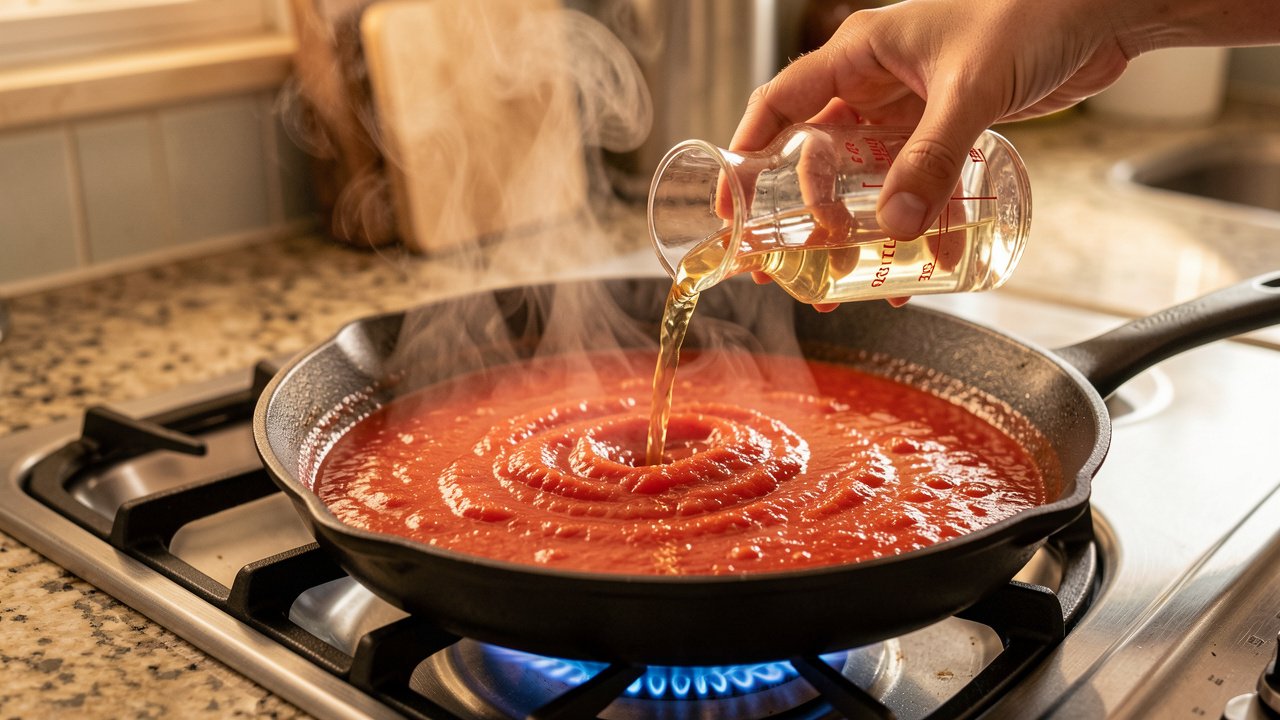 Tequila being poured from a measuring cup into a skillet of tomato sauce held away from the heat