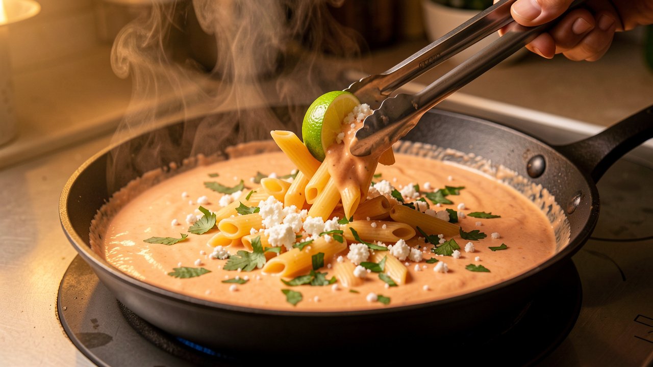 Penne tossed in blush tequila cream sauce with lime squeezed over and cilantro on top