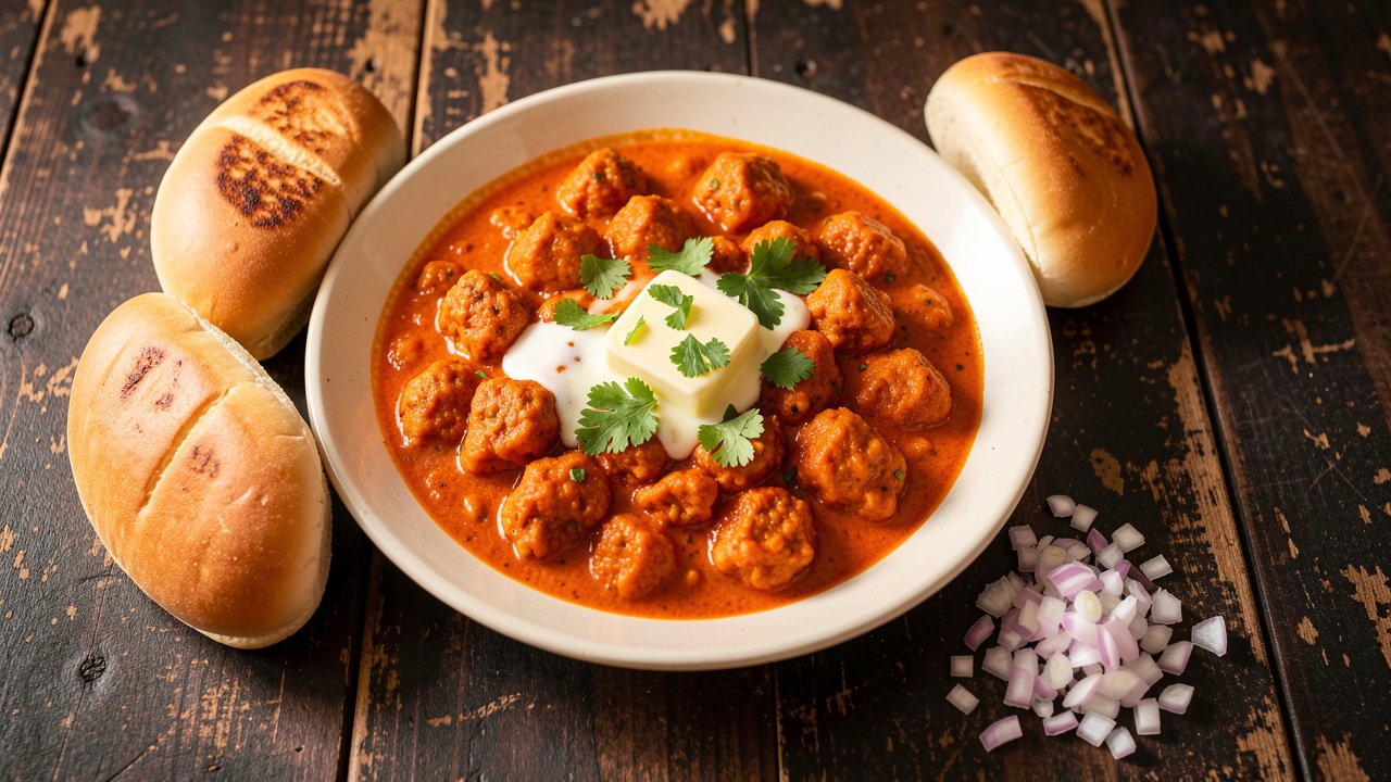 A plate of buttery pav bhaji topped with butter and cilantro, served with toasted pav, onion, and lemon