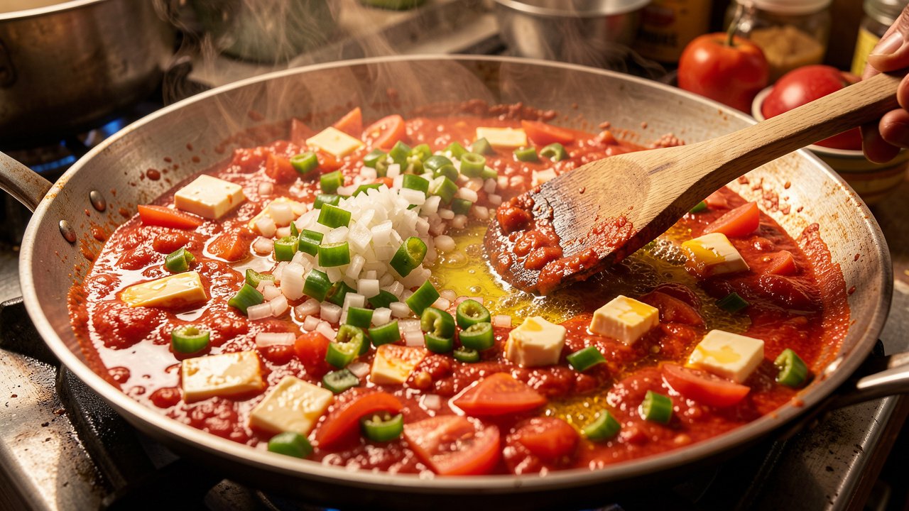 Onions, capsicum, and tomatoes cooking down into a thick red base in a pan