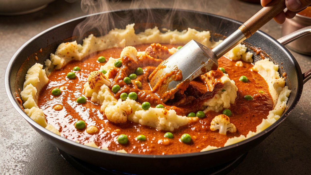 Vegetables being mashed into a deep red spiced gravy in a pan with a potato masher