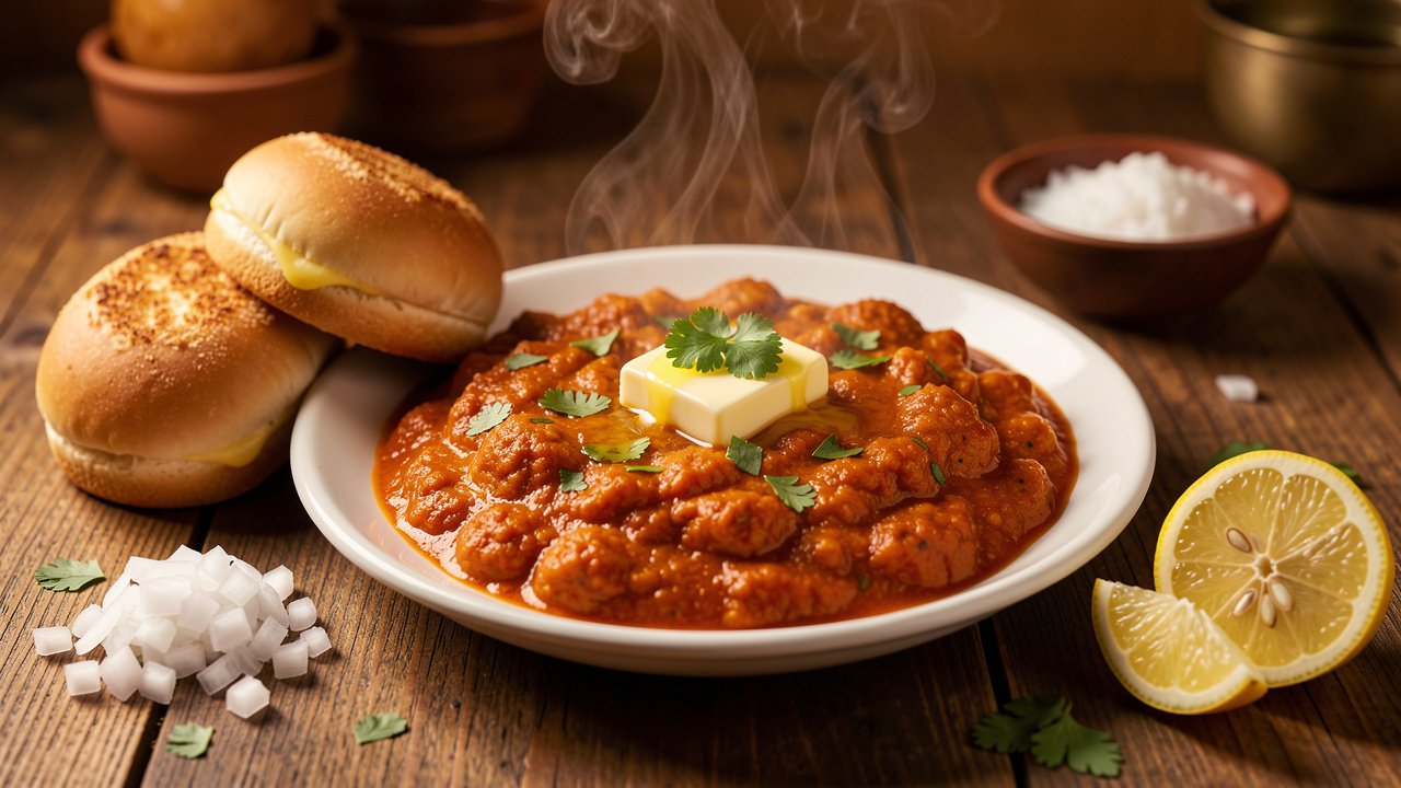 Finished pav bhaji with butter and cilantro, served with toasted pav, onion, and lemon