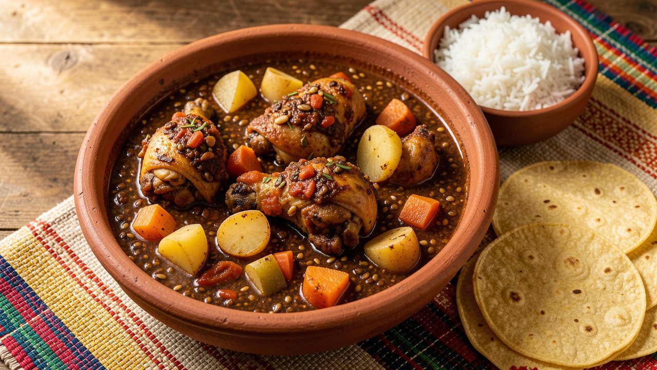 A bowl of Guatemalan pepian de pollo, chicken in a thick dark roasted seed and tomato sauce with potato, served with rice and tortillas