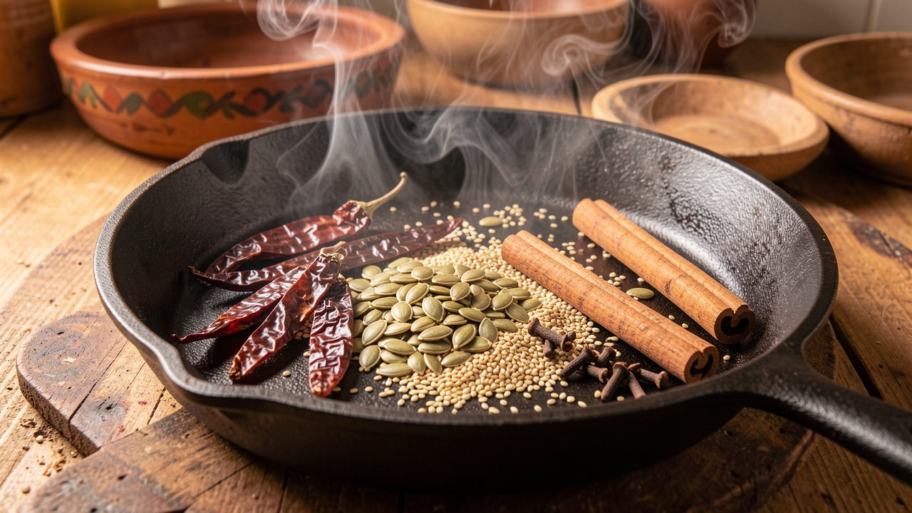 Pumpkin seeds, sesame seeds, and dried chilies toasting in a dry skillet with cinnamon and cloves