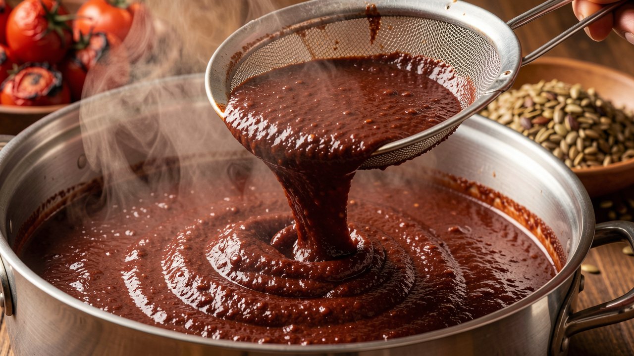 Dark pepian sauce being strained through a fine-mesh sieve into a pot