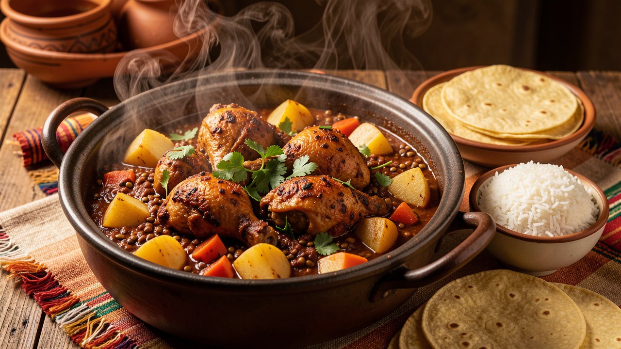 Finished pepian de pollo with chicken and potato in thick dark sauce, garnished with cilantro, served with rice and tortillas
