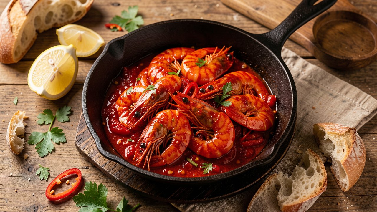Glossy red peri-peri prawns in a fiery tomato-chili sauce with lemon wedges and crusty bread