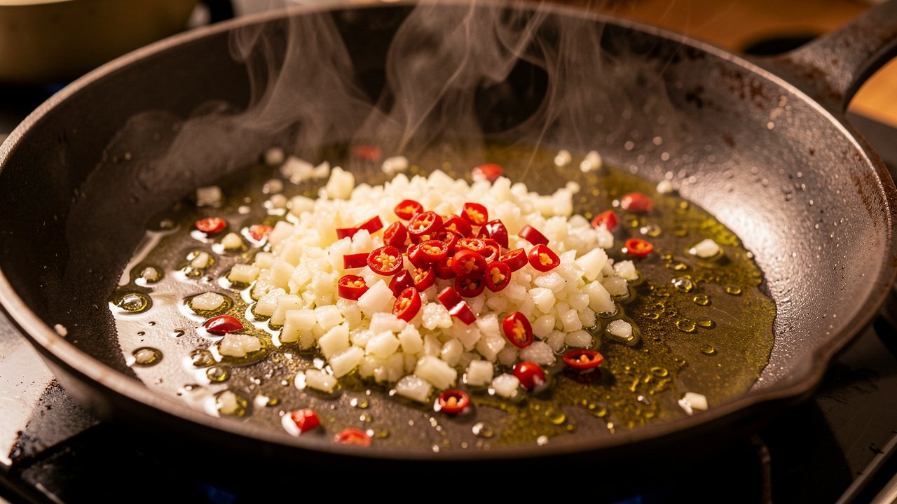 Garlic and red chilies sizzling gently in olive oil