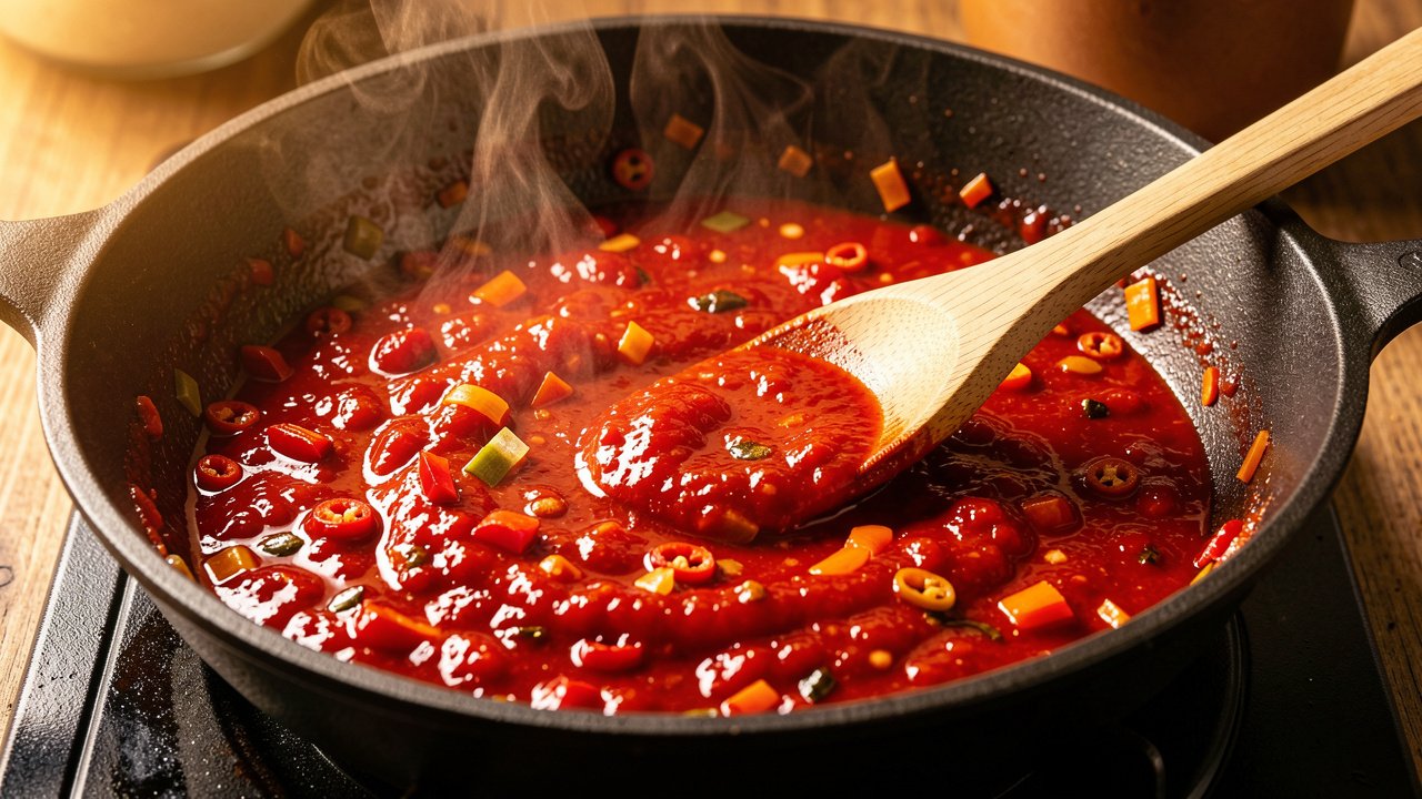 Red peri-peri tomato-chili sauce reducing in a skillet